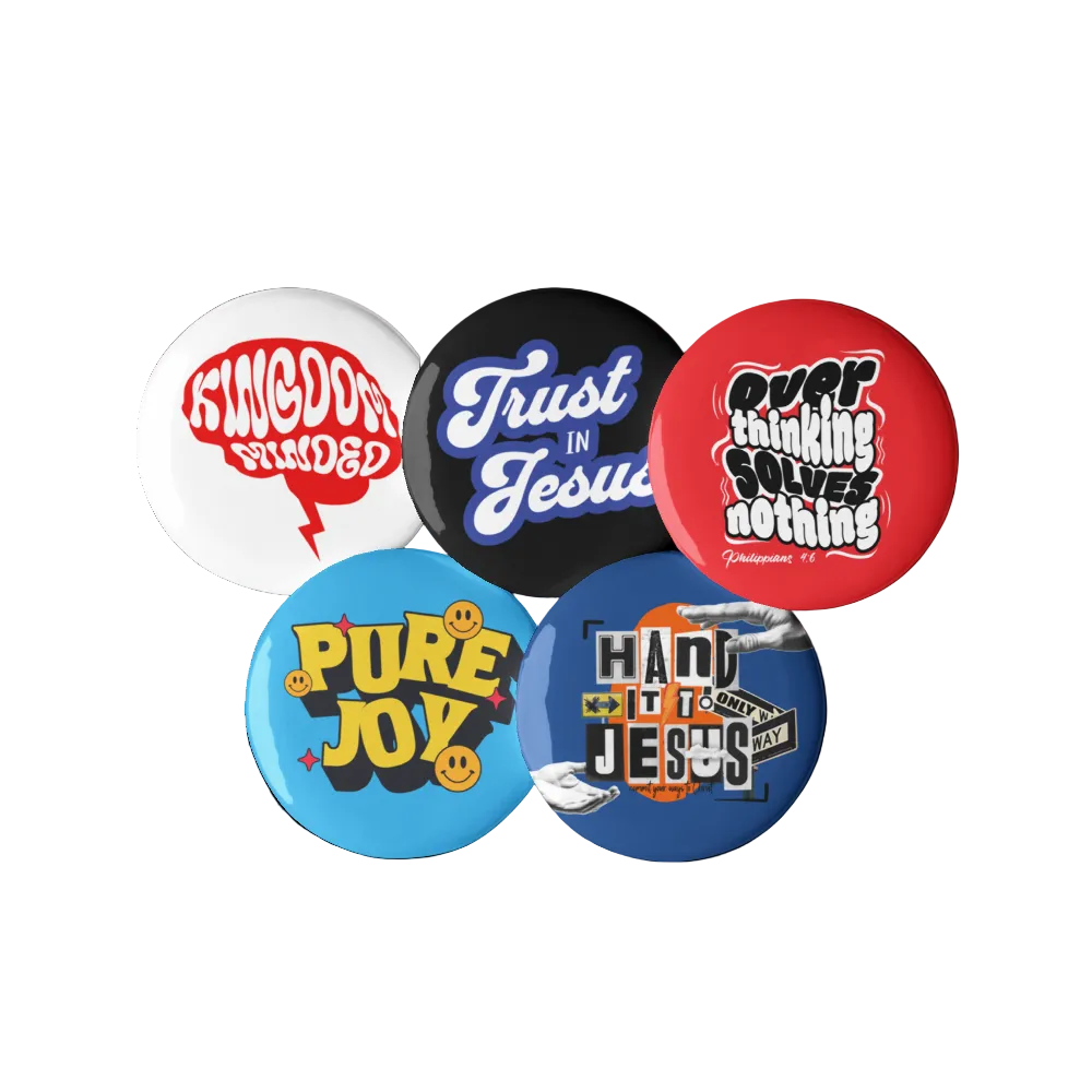 Set of five buttons with motivational phrases on a white background